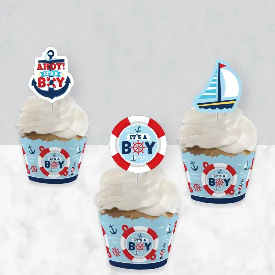 Big Dot of Happiness Ahoy It's a Boy - Cupcake Decoration - Nautical Baby Shower Cupcake Wrappers and Treat Picks Kit - Set of 24 {4}