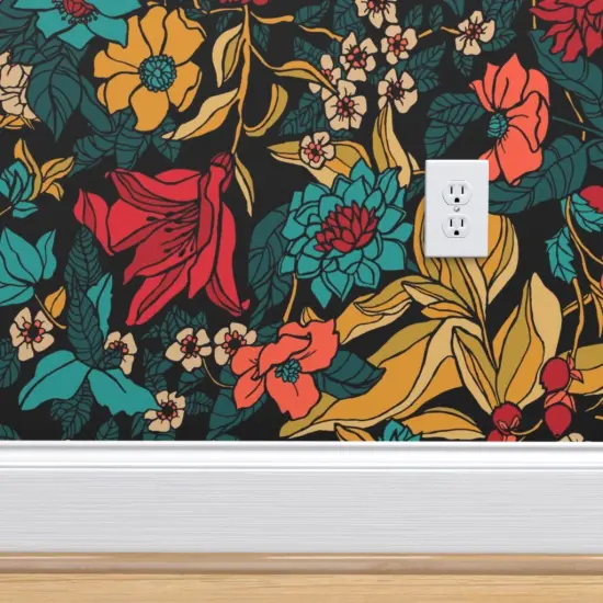 Peel & Stick Wallpaper 2FT Wide Botanical Autumn Fall Hand Drawn Vintage Floral Bright Vibrant Maximalist Custom Removable Wallpaper by Spoonflower {4}