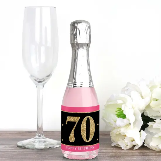 Big Dot of Happiness Chic 70th Birthday - Pink, Black and Gold - Mini Wine and Champagne Bottle Label Stickers - Birthday Party Favor Gift - Set of 16 {3}