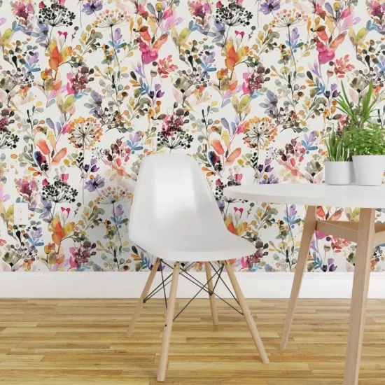 Pre-Pasted Wallpaper 2FT Wide Watercolor Plants Floral Nature Abstract Plants Home Decor Watercolor Botanical Grasses Countryside Rustic Painterly Artistic Custom Pre-pasted Wallpaper by Spoonflower {1}