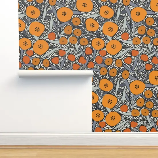 Pre-Pasted Wallpaper 2FT Wide Modern Flowers Nature Botanical Floral Orange Gray Black Mod Custom Pre-pasted Wallpaper by Spoonflower {2}