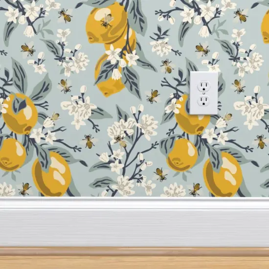 Pre-Pasted Wallpaper 2FT Wide Lemons And Honeybees Modern Farmhouse Citrus Grove Pollinators Bees Mustard Yellow White Aqua Blue Custom Pre-pasted Wallpaper by Spoonflower {5}