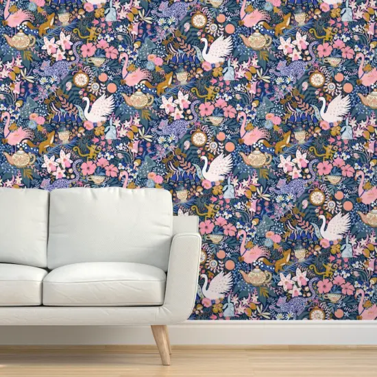 Pre-Pasted Wallpaper 2FT Wide Maximalist Tea Party Whimsical Chintz Pink Purple Mustard Swans And Flamingos Custom Pre-pasted Wallpaper by Spoonflower {5}