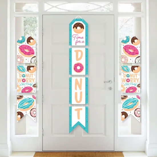 Big Dot of Happiness Donut Worry, Let's Party - Hanging Vertical Paper Door Banners - Doughnut Party Wall Decoration Kit - Indoor Door Decor {1}