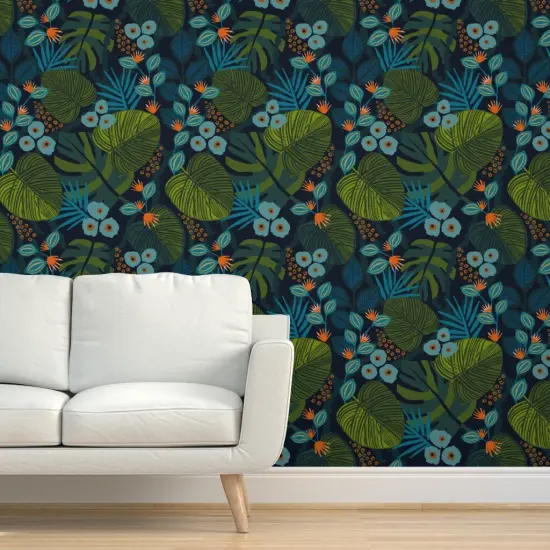 Peel & Stick Wallpaper 2FT Wide Tropical Fun Blue Green Teal Flora Custom Removable Wallpaper by Spoonflower {5}