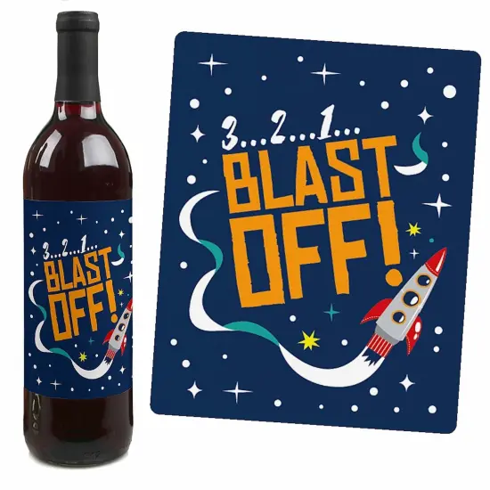 Big Dot of Happiness Blast Off to Outer Space - Rocket Ship Baby Shower Birthday Party Decor for Women & Men - Wine Bottle Label Stickers - Set of 4 {4}