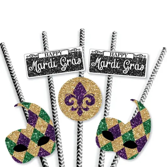Big Dot of Happiness Mardi Gras Paper Straw Decor - Masquerade Party Striped Decorative Straws - Set of 24 {7}