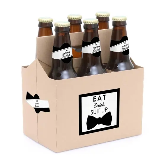 Big Dot of Happiness Suit Up - Will You Be My Groomsman Decorations for Men - 6 Beer Bottle Label Stickers and 1 Carrier {3}