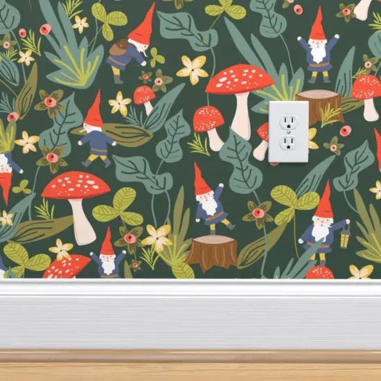 Pre-Pasted Wallpaper 2FT Wide Woodland, Gnomes, Large, Red, Mushroom, Garden, Summer, Floral, Mushrooms Custom Pre-pasted Wallpaper by Spoonflower {4}