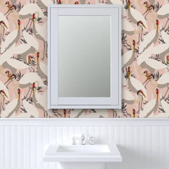 Pre-Pasted Wallpaper 2FT Wide Bird Pink White Baby Nursery Fly Flight Heron Swamp Custom Pre-pasted Wallpaper by Spoonflower {6}