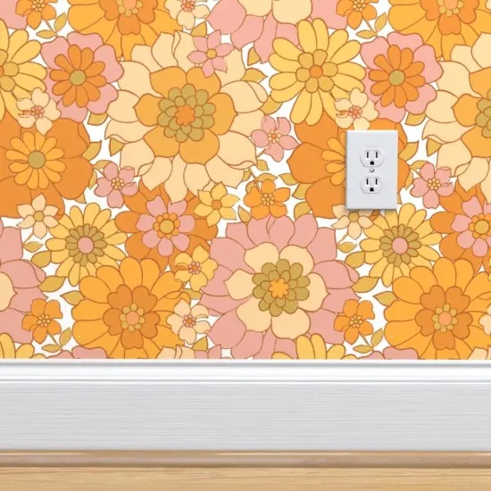 Peel & Stick Wallpaper 2FT Wide 1970S Floral Orange Retro Flowers Vintage Boho 1960S Flower Power Bright Sunny Groovy Custom Removable Wallpaper by Spoonflower {4}