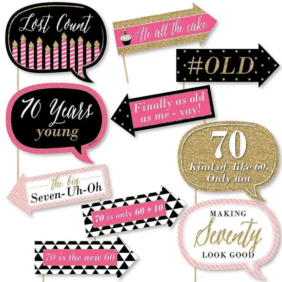 Big Dot of Happiness Funny Chic 70th Birthday - Pink, Black and Gold - Birthday Party Photo Booth Props Kit - 10 Piece {1}