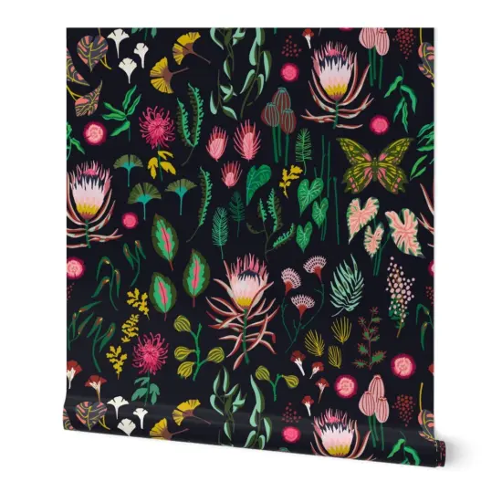 Peel & Stick Wallpaper 2FT Wide Leaf Floral Study Dark Large Flowers Botanical Tropical Black Nature Custom Removable Wallpaper by Spoonflower {7}