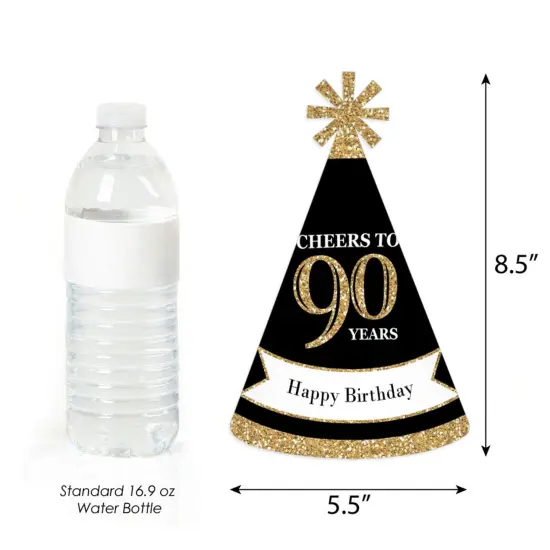 Big Dot of Happiness Adult 90th Birthday - Gold - Cone Birthday Party Hats for Adults - Set of 8 (Standard Size) {4}