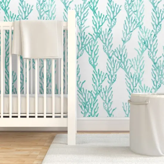 Pre-Pasted Wallpaper 2FT Wide Coral Ocean Teal Aqua Trendy Mermaid Nursery Little Arrow Custom Pre-pasted Wallpaper by Spoonflower {7}
