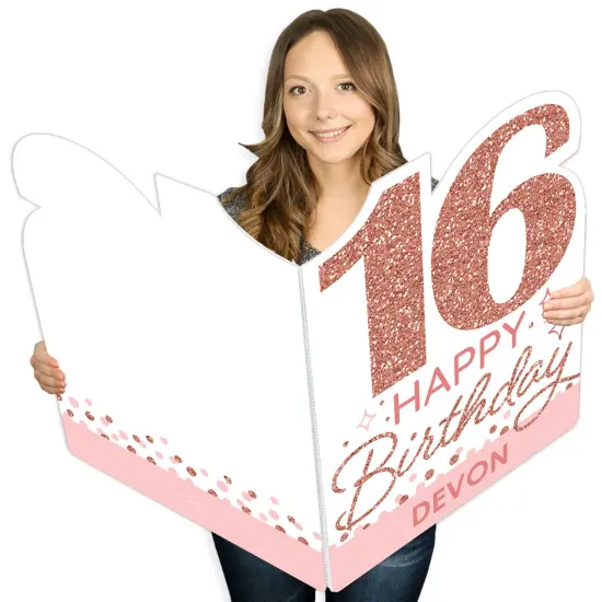 Big Dot of Happiness 16th Pink Rose Gold Birthday - Happy Birthday Giant Greeting Card - Big Shaped Jumborific Card - 16.5 x 22 inches {1}