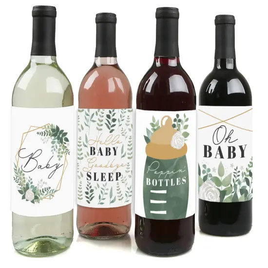 Big Dot of Happiness Boho Botanical Baby - Greenery Baby Shower Decorations for Women and Men - Wine Bottle Label Stickers - Set of 4 {1}
