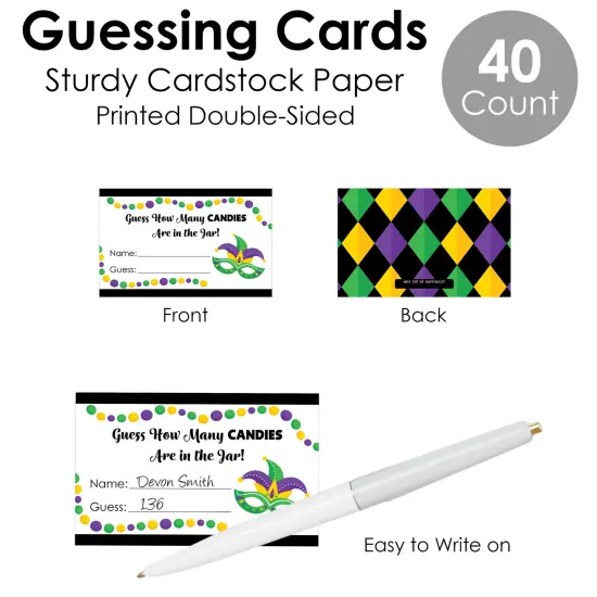Big Dot of Happiness Colorful Mardi Gras Mask - How Many Candies Masquerade Party Game - 1 Stand and 40 Cards - Candy Guessing Game {7}