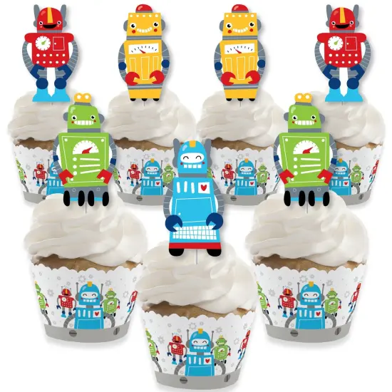 Big Dot of Happiness Gear Up Robots - Cupcake Decoration - Birthday Party or Baby Shower Cupcake Wrappers and Treat Picks Kit - Set of 24 {1}