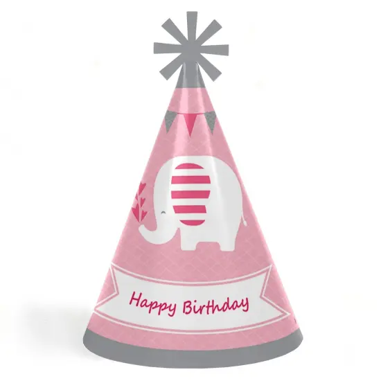 Big Dot of Happiness Pink Elephant - Cone Happy Birthday Party Hats for Kids and Adults - Set of 8 (Standard Size) {1}