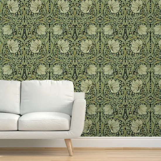 Peel & Stick Wallpaper 2FT Wide Victorian Floral Vintage Style Morris Inspired Damask Pimpernel Flowers Sage Black Custom Removable Wallpaper by Spoonflower {5}