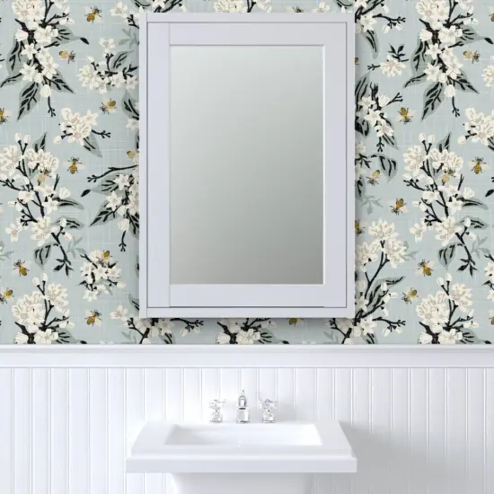 Pre-Pasted Wallpaper 2FT Wide Flowers On Blue White Floral Traditional Honeybee Farmhouse Faux Texture Citrus Custom Pre-pasted Wallpaper by Spoonflower {6}