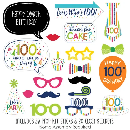 Big Dot of Happiness 100th Birthday - Cheerful Happy Birthday - Colorful One Hundredth Birthday Party Photo Booth Props Kit - 20 Count {3}