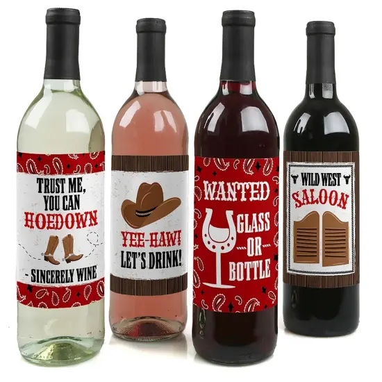 Big Dot of Happiness Western Hoedown - Wild West Cowboy Party Decorations for Women and Men - Wine Bottle Label Stickers - Set of 4 {1}