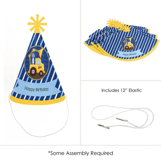 Big Dot of Happiness Construction Truck - Cone Happy Birthday Party Hats for Kids and Adults - Set of 8 (Standard Size) {6}