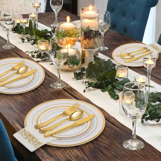 700 Piece Gold Disposable Dinnerware Set for 100 Guests {2}