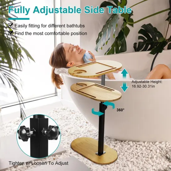 C-Shaped Bathtub Tray Table With Adjustable Height 360&deg; Rotatable Desktop Freestanding Bath Caddy Against Wall Couch Bed Sofa Side Table Wood {3}