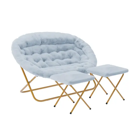 Emma and Oliver Janey Folding Double Saucer Chair with 2 Ottomans and Steel Frame for Dorm or Bedroom AquaFabric/SoftGold {2}