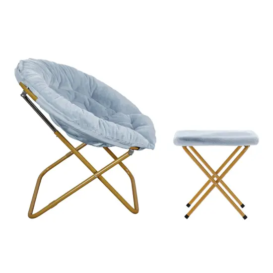 Emma and Oliver Ersa Oversize Folding Saucer Moon Chair and Ottoman for Dorm and Bedroom with Steel Frames GrayFabric/SoftGold {11}