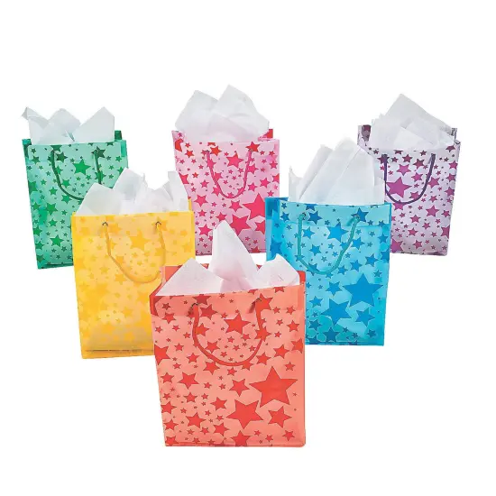 Fun Express - Assorted Color Frosted Star Gift Bag - Party Supplies - Bags - Paper Gift W & Handles - 12 Pieces {1}