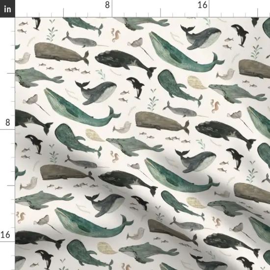 Various Fabrics by the Yard or Fat Quarter Whale Sea Life Ocean Green Charcoal Gray Swimming Nautical Animals Whimsical Beach Watercolor Trendy Custom Printed Fabric by Spoonflower {2}