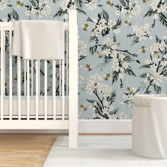Pre-Pasted Wallpaper 2FT Wide Flowers On Blue White Floral Traditional Honeybee Farmhouse Faux Texture Citrus Custom Pre-pasted Wallpaper by Spoonflower {7}