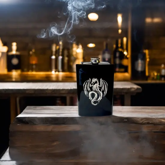 8oz BLACK Vintage Flying Dragon Flask {6}