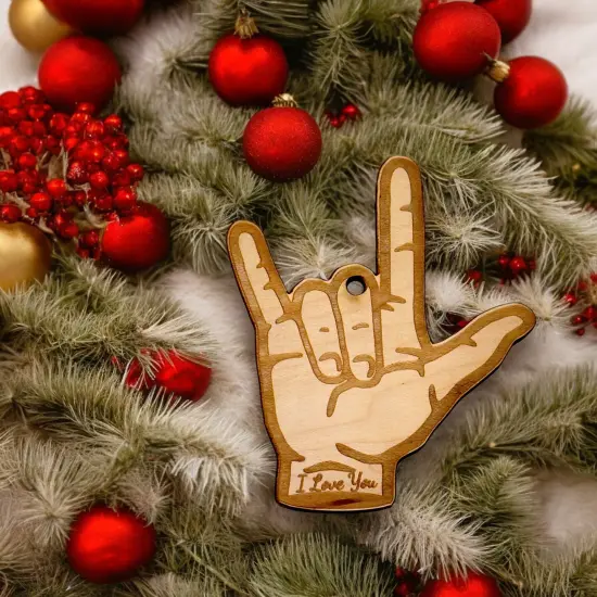 Ornament - ASL I Love You Sign Language - Raw wood Ornament {2}