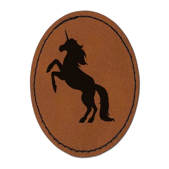 Majestic Unicorn Rearing Up Round Iron-On Engraved Faux Leather Patch Applique - 2.5" Brown {1}