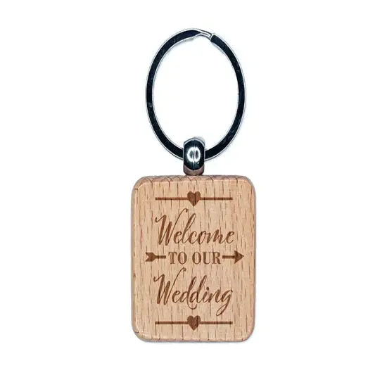 Welcome to Our Wedding with Hearts Engraved Wood Square Keychain Tag Charm {1}