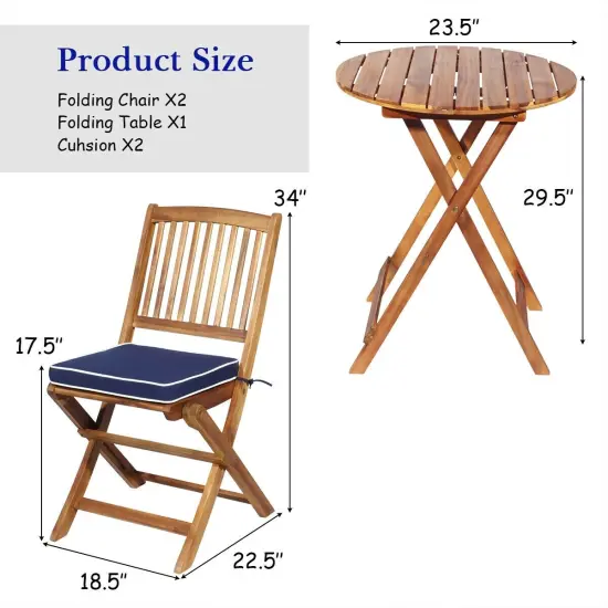 3 Pieces Patio Folding Wooden Bistro Set Cushioned Chair Blue {4}