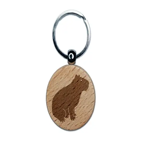 Capybara Rodent Silhouette Engraved Wood Round Keychain Tag Charm {1}