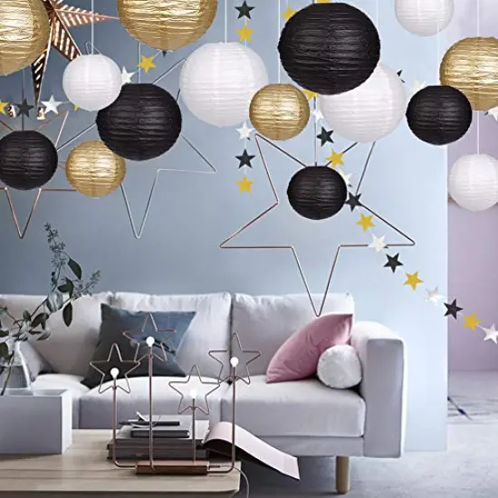 15 Pieces Paper Lanterns Decorative, Round Hanging Paper Lanterns Decorations for Wedding Graduation Anniversary Birthday Party Supplies Black/Gold/White {6}
