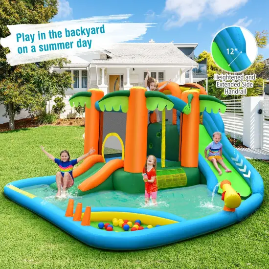 7-in-1 Inflatable Water Slide Park with Trampoline Climbing and 750W Blower {1}