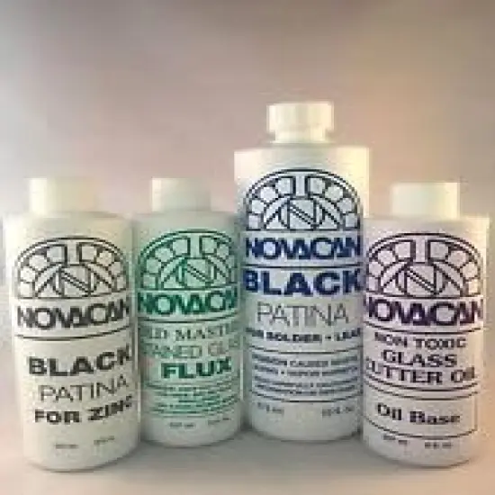 Novacan Chemical Set for Stained Glass Projects: Black Patina for Lead & Zinc & Flux + Cutter Oil {1}
