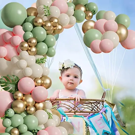 133 Pieces Green Pink Balloons Garland Kit, Olive Green Blush Pink Sand White Metallic Gold Balloons for Girl Baby Shower Bridal Shower Wedding Birthday Jungle Safari Woodland Party Decorations… {3}