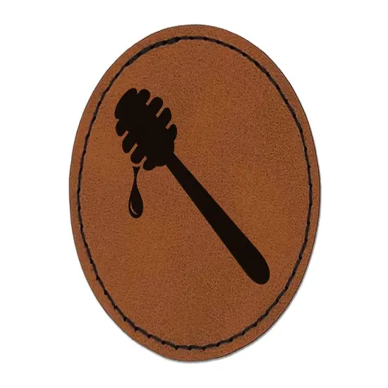 Honey Dipper Round Iron-On Engraved Faux Leather Patch Applique - 2.5" Brown {1}