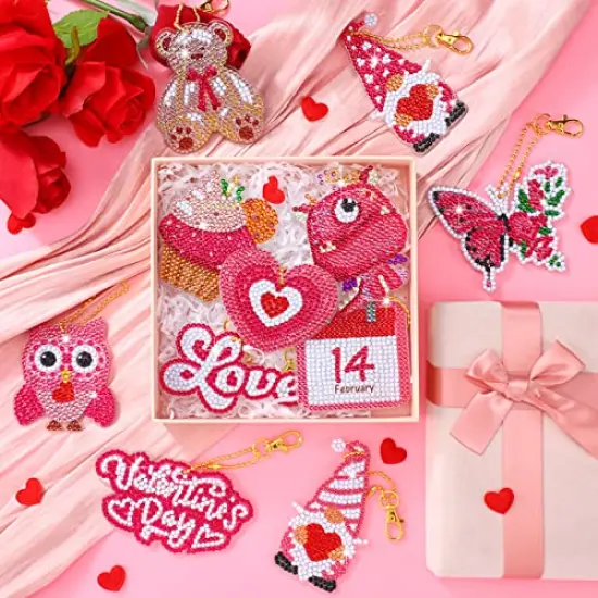 BBTO 12 Pcs Valentine's Day Diamond Painting Keychains DIY Love Heart Diamond Art Keychains Sweet 5D Diamond Key Chains Kit for Valentines Decorations (Romantic Style) {6}