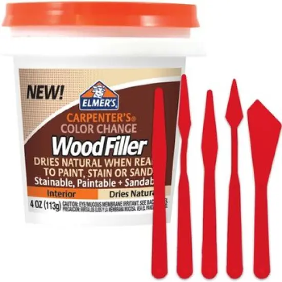 Elmers Carpenter's Color Change Wood Filler - Paintable Wood Putty for Repairs &ndash; Wood Grain Filler for Crafts and DIY Projects, Weatherproof and Durable &ndash; Includes 5 Pixiss Paste Spreaders {1}