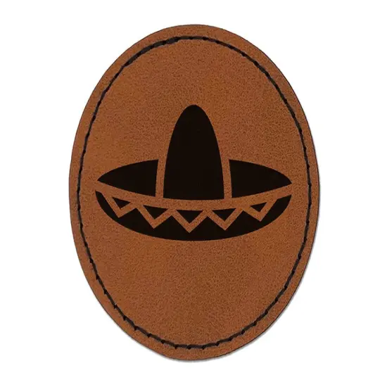 Sombrero Mexico Mexican Fiesta Hat Round Iron-On Engraved Faux Leather Patch Applique - 2.5" Brown {1}